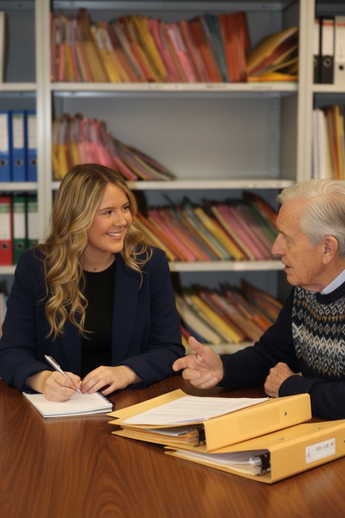 An employee with an elderly man discussing the terms of his will