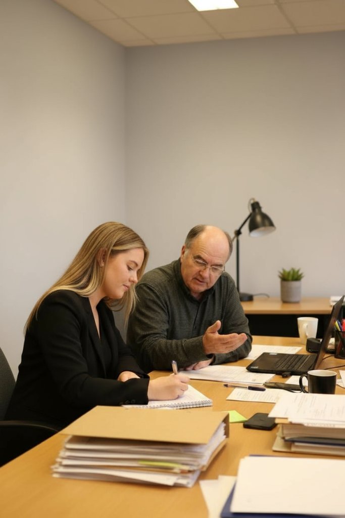 Two employees discussing what seems to be a serious matter