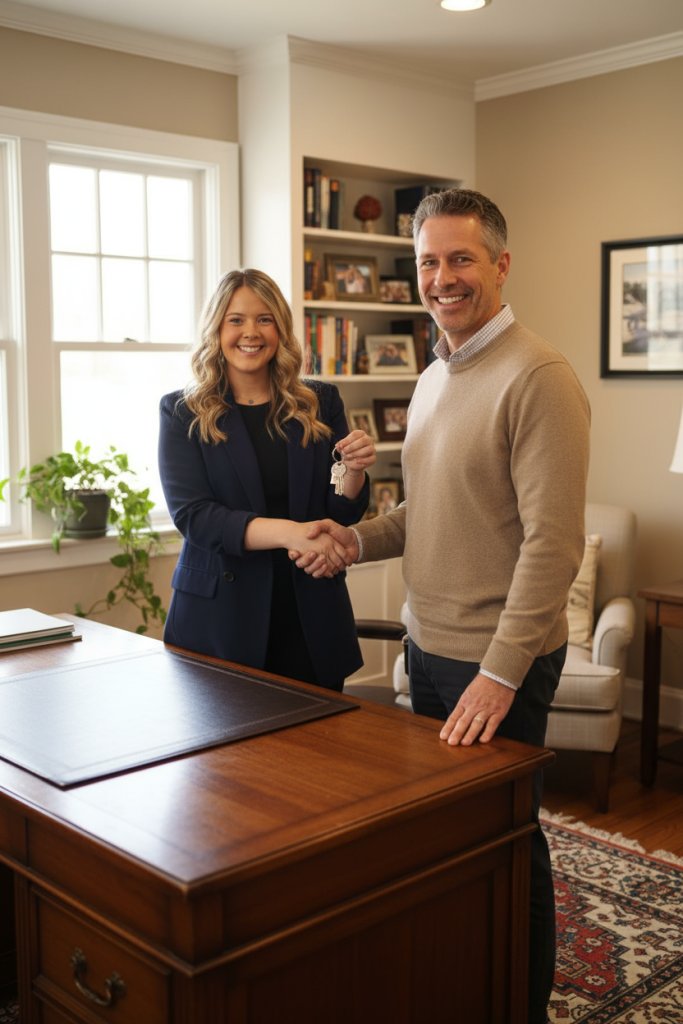Employee in black blazer smiling happily while shaking hand of a client and passing over their new home keys