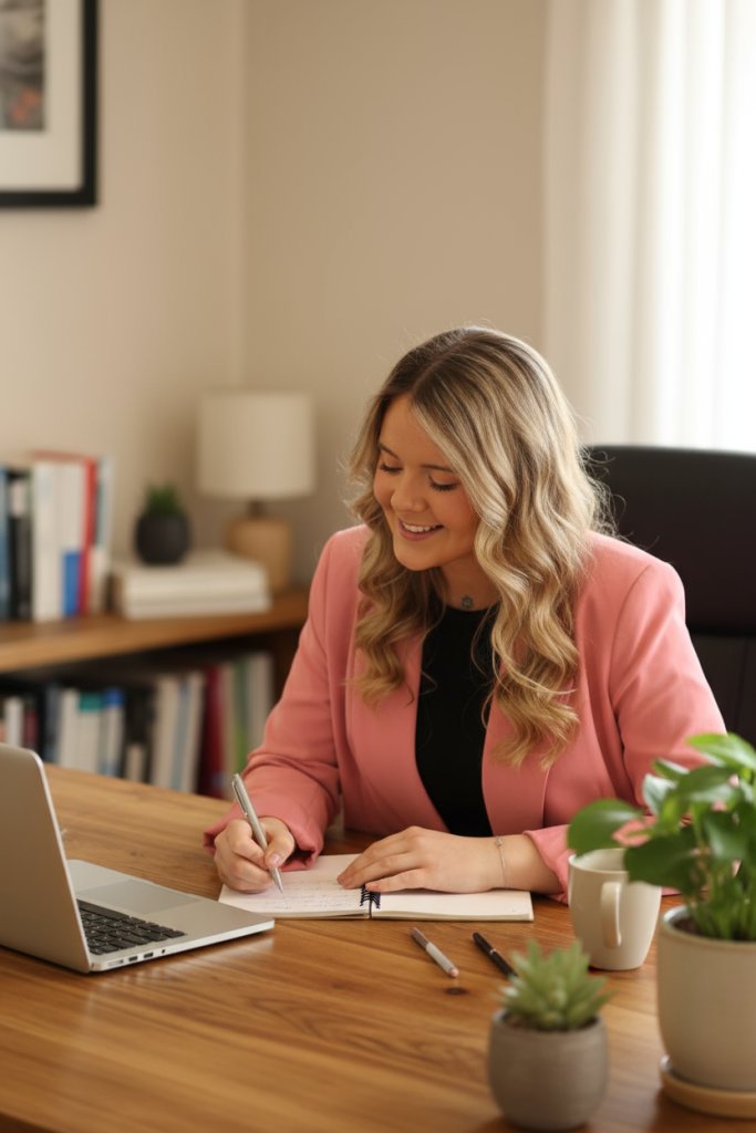 An employee in a pink blazer, taking notes in a cosy office environment. The office has warm lighting, a wooden desk, a laptop, a notebook, and indoor plants. Capture her in a candid moment, looking focused and engaged.